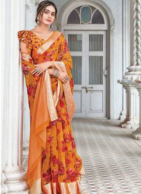 Mustard Printed Organza Saree With Blouse 2