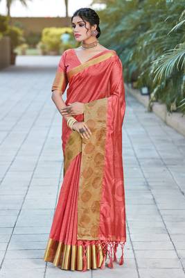 Pink woven organza saree with blouse 1