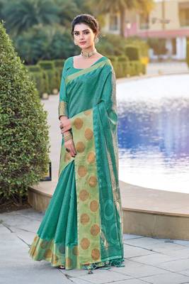 Green woven organza saree with blouse 1