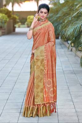 Peach woven organza saree with blouse 1