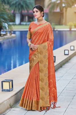 Orange woven organza saree with blouse 1