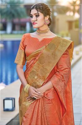 Orange woven organza saree with blouse 2