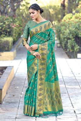 Green woven organza saree with blouse 1
