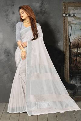 Off White Woven Linen Saree With Blouse 1