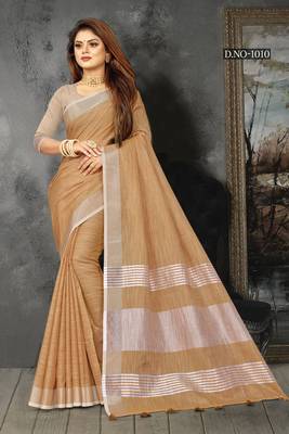 Tan Woven Linen Saree With Blouse 1