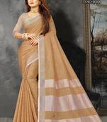Tan Woven Linen Saree With Blouse