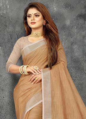 Tan Woven Linen Saree With Blouse 2