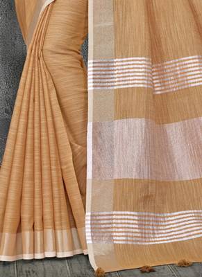 Tan Woven Linen Saree With Blouse 3
