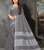 Dark Grey Woven Linen Saree With Blouse