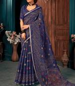 Blue Woven Cotton Saree With Blouse