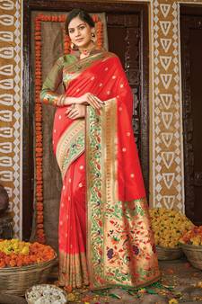Red woven banarasi silk saree with blouse