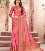 Pink woven organza saree with blouse