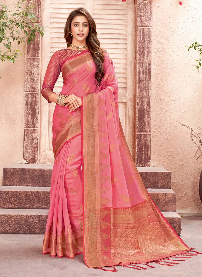 Pink woven organza saree with blouse