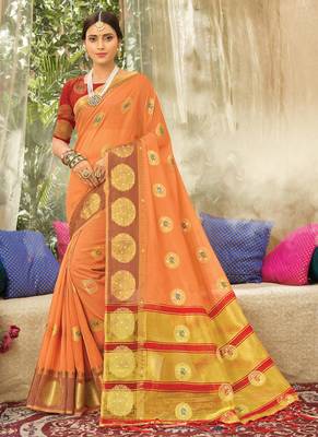Orange Woven Organza Saree With Blouse 1