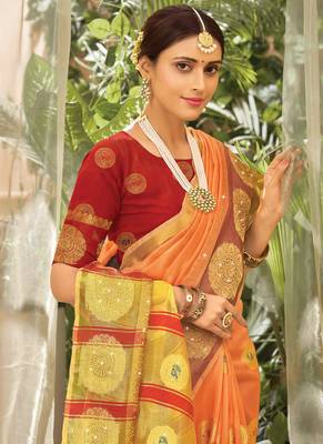 Orange Woven Organza Saree With Blouse 2