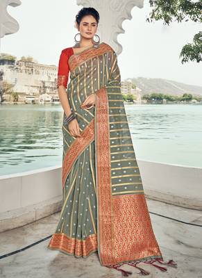 Grey Woven Organza Saree With Blouse 1