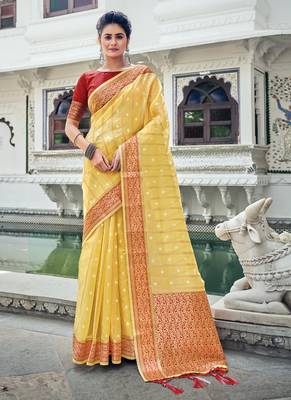 Yellow Woven Organza Saree With Blouse 1