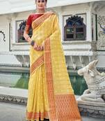 Yellow Woven Organza Saree With Blouse