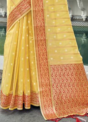 Yellow Woven Organza Saree With Blouse 3
