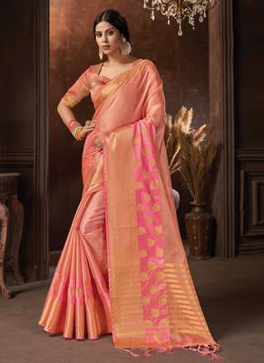 Pink woven organza saree with blouse 1