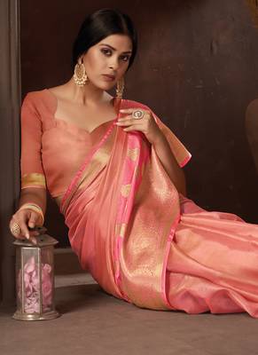 Pink woven organza saree with blouse 2