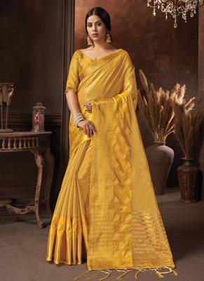 Yellow woven organza saree with blouse 1