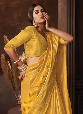 Yellow woven organza saree with blouse 2