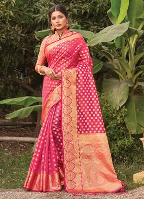 Pink woven organza saree with blouse 1