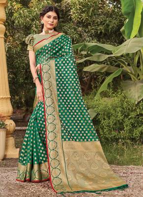 Green woven organza saree with blouse 1