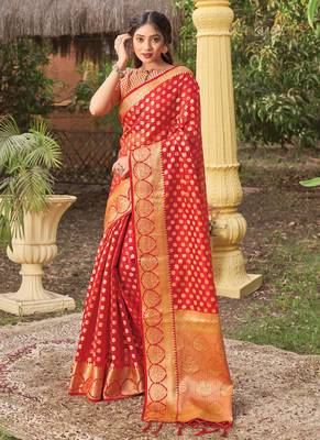 Red woven organza saree with blouse 1