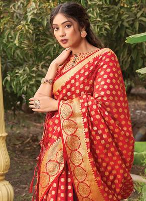 Red woven organza saree with blouse 2