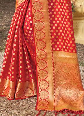 Red woven organza saree with blouse 3