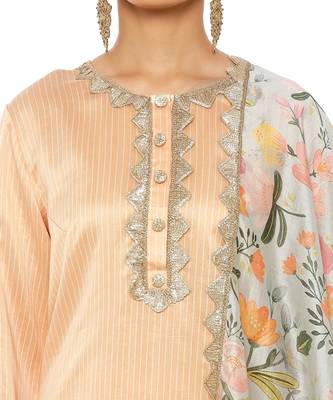 Peach Colour Chanderi Stripe Kurta with Palazzo and Aqua Handpaint Printed Silkmul Dupatta 4