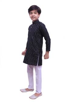 Black Printed Cotton Boys Kurta Pajama Set