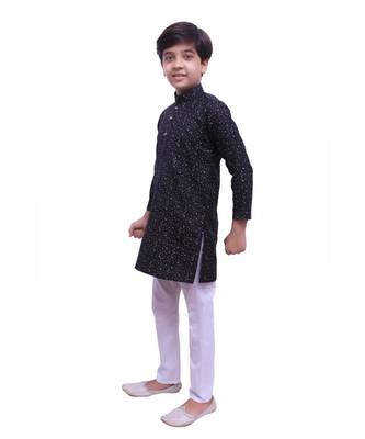 Black Printed Cotton Boys Kurta Pajama Set 1