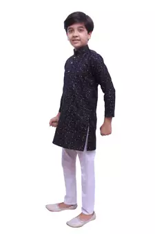 Black Printed Cotton Boys Kurta Pajama Set