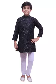 Black Printed Cotton Boys Kurta Pajama Set