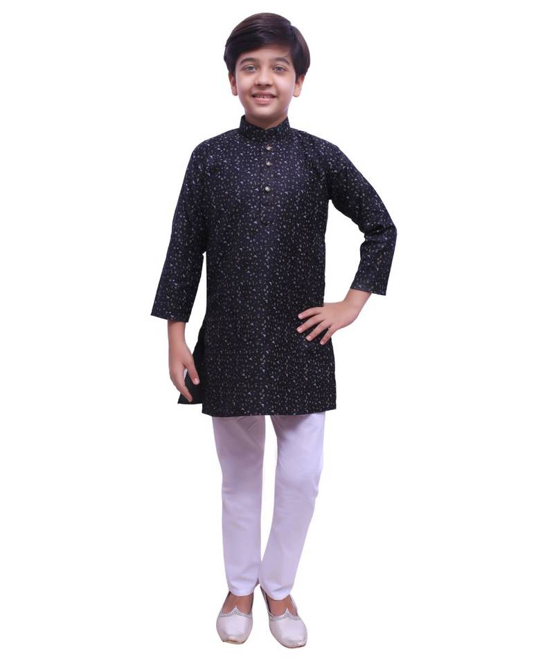 Black Printed Cotton Boys Kurta Pajama Set