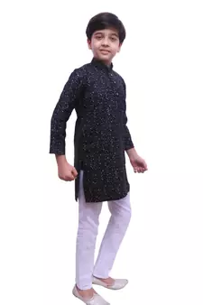 Black Printed Cotton Boys Kurta Pajama Set