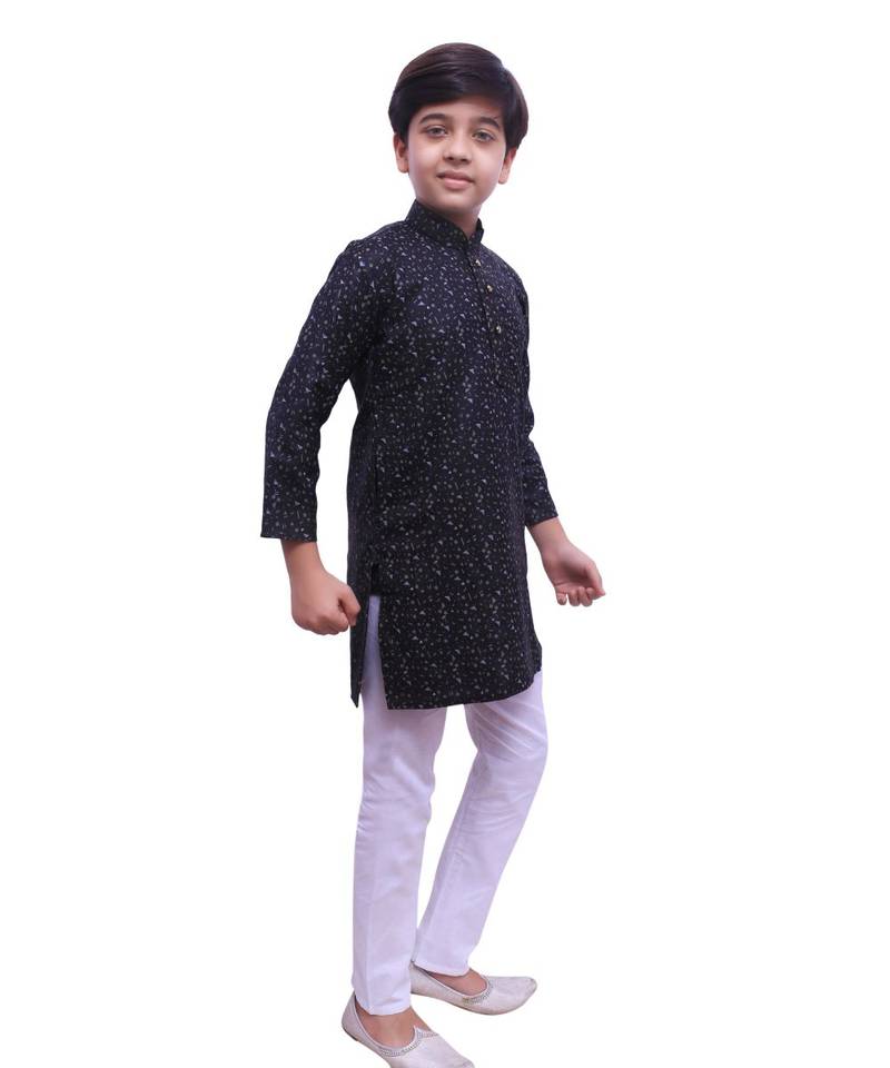 Black Printed Cotton Boys Kurta Pajama Set