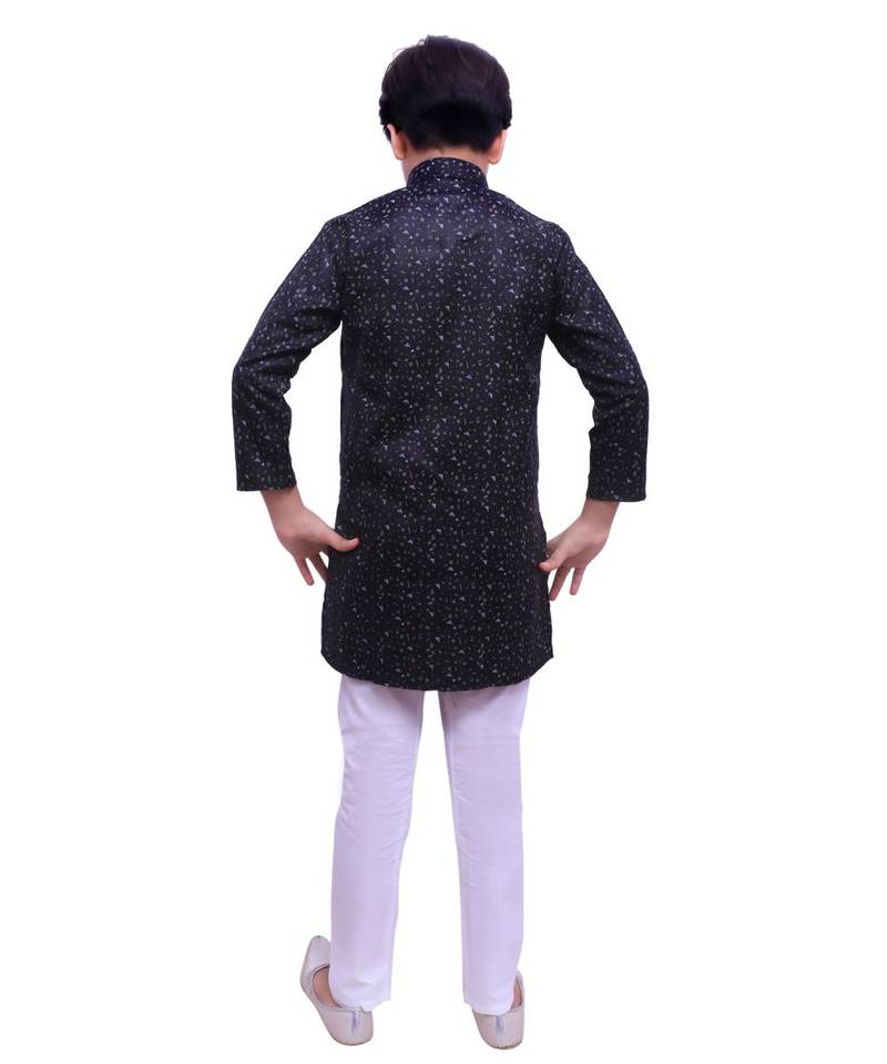 Black Printed Cotton Boys Kurta Pajama Set