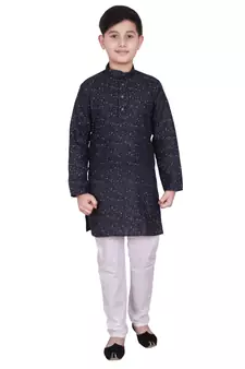 Blue Printed Cotton Boys Kurta Pajama Set