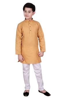 Beige Self Design Cotton Boys Kurta Pajama Set