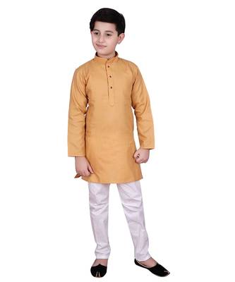 Beige Self Design Cotton Boys Kurta Pajama Set 1