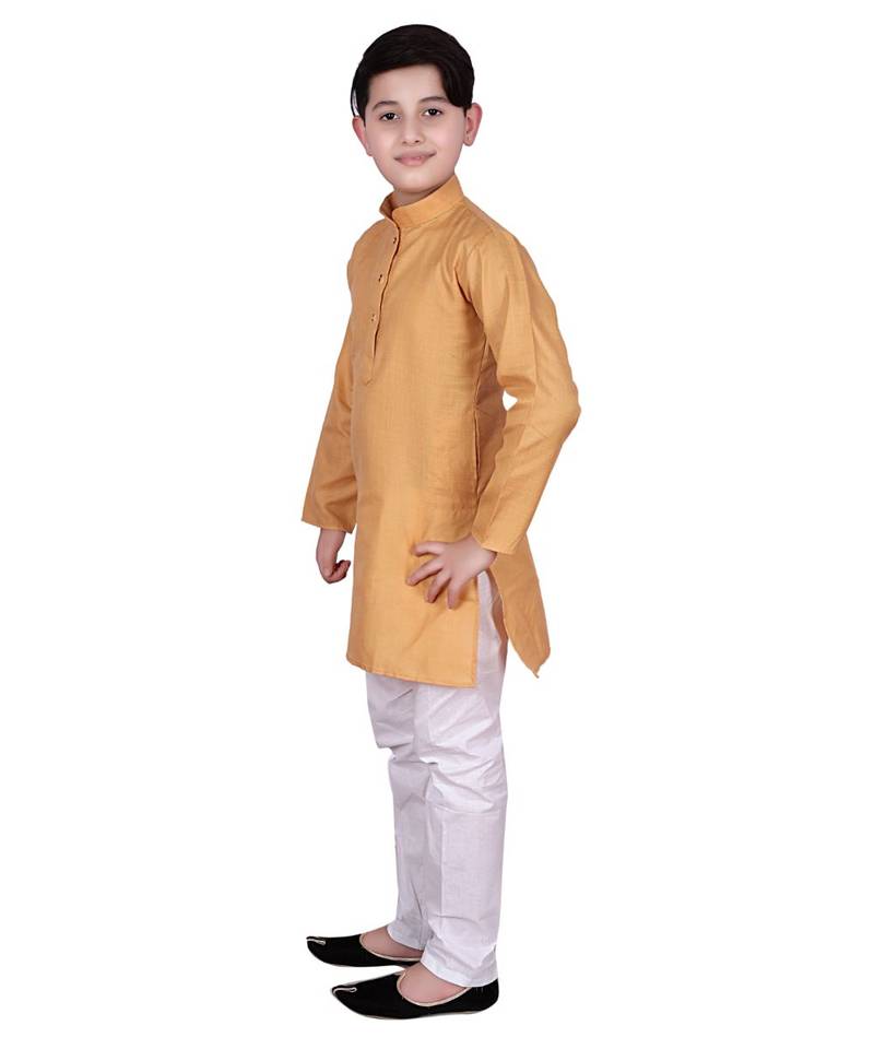 Beige Self Design Cotton Boys Kurta Pajama Set