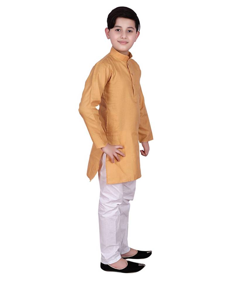 Beige Self Design Cotton Boys Kurta Pajama Set