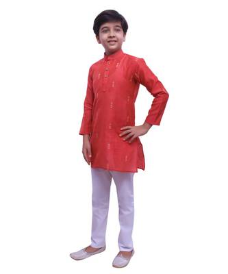 Red Printed Cotton Boys Kurta Pajama Set 1