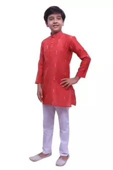 Red Printed Cotton Boys Kurta Pajama Set