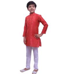 Red Printed Cotton Boys Kurta Pajama Set