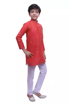 Red Printed Cotton Boys Kurta Pajama Set